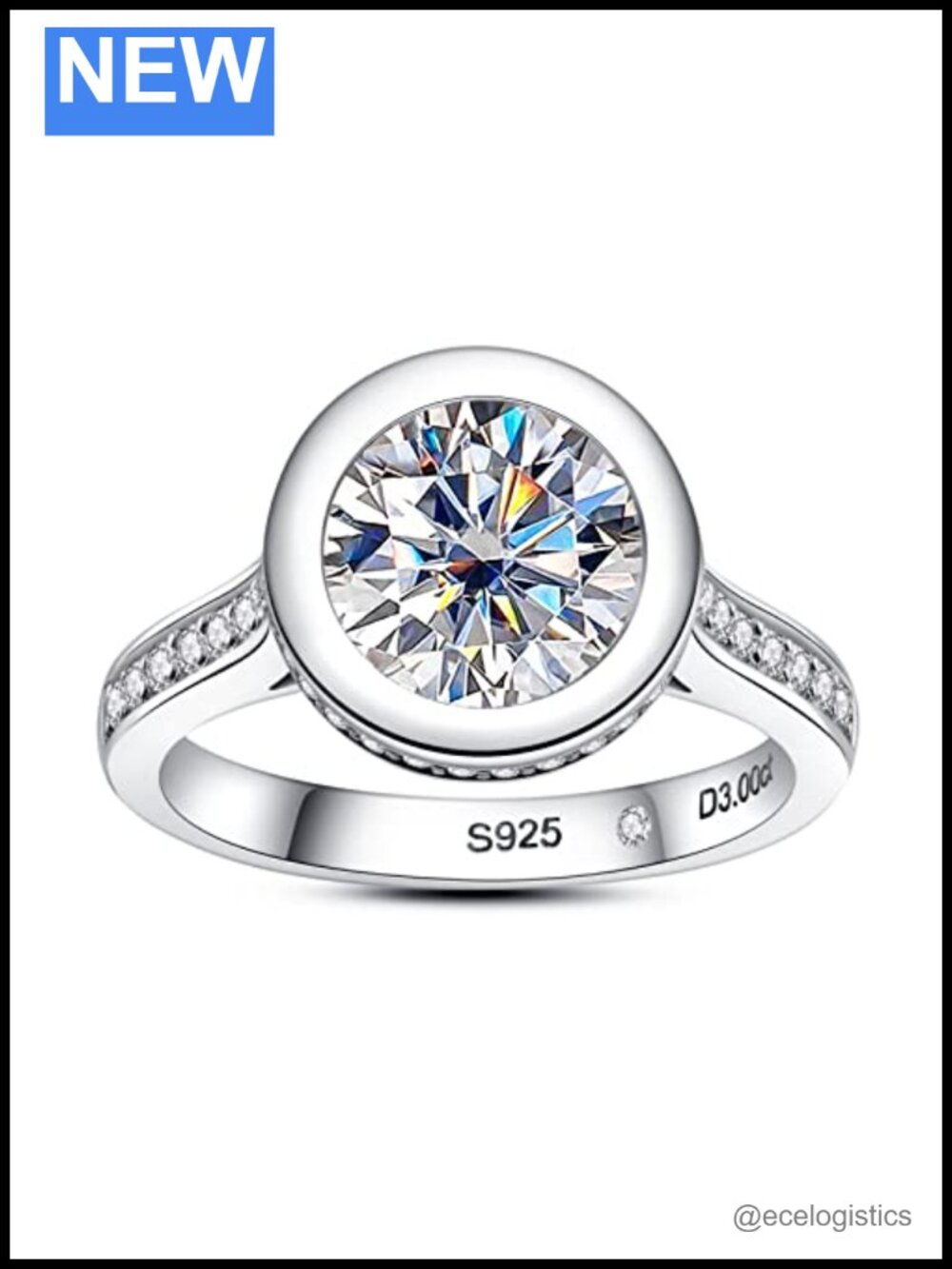 Moissanite Engagement Ring 3.0 CT Round Bezel S925 Sterling Silver